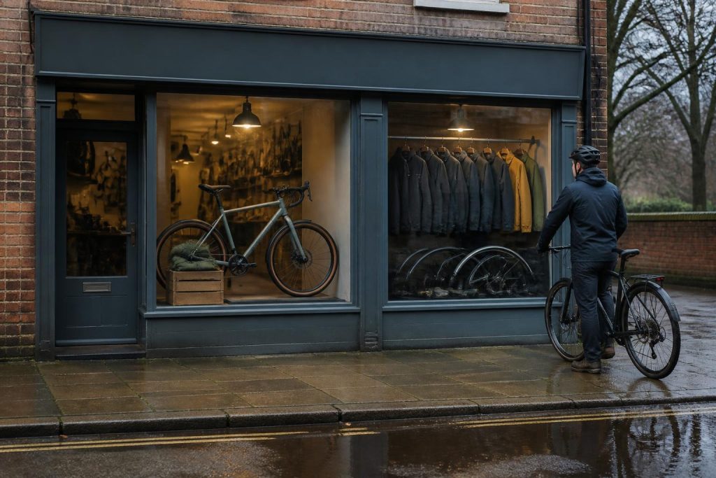 A brick bicycle shop on a wet afternoon. One window holds a single bike and a folded jacket, the everyday display. The next window holds a rail of jackets. A cyclist stands outside with a bike. No shop name, no posters, no readable text.