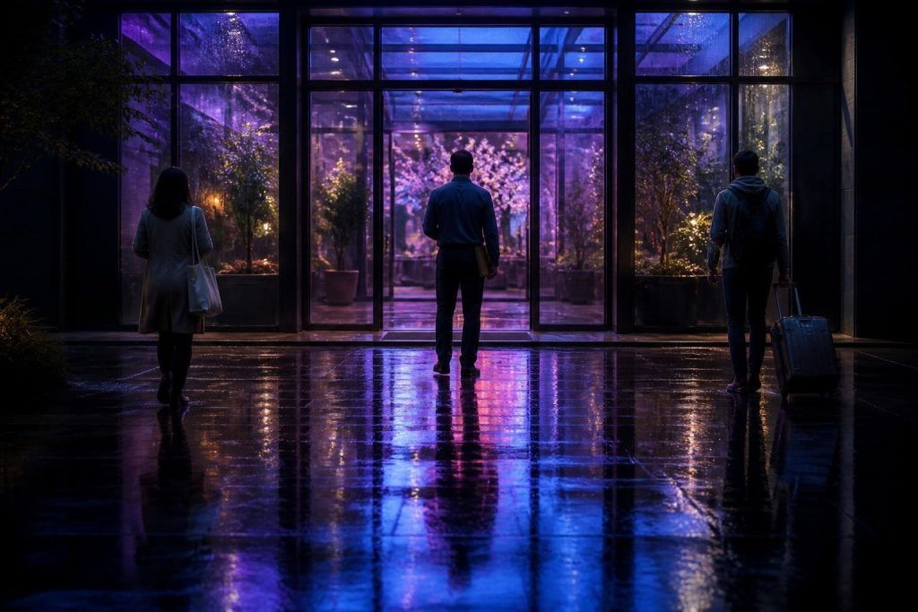 Three people arriving at the same lit glass entrance at dusk from different directions – one carrying a tote bag, one holding a folder, one pulling a suitcase – reflected in wet paving under blue and violet light.