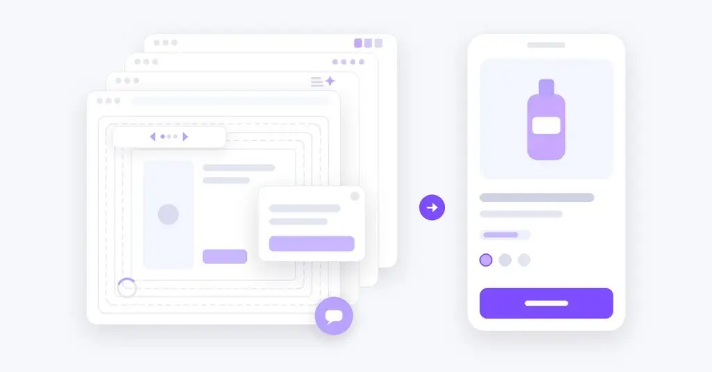 A stack of browser panels full of nested wrappers, a slider, a popup and a chat bubble, with an arrow to one slim, clean product card on a phone.