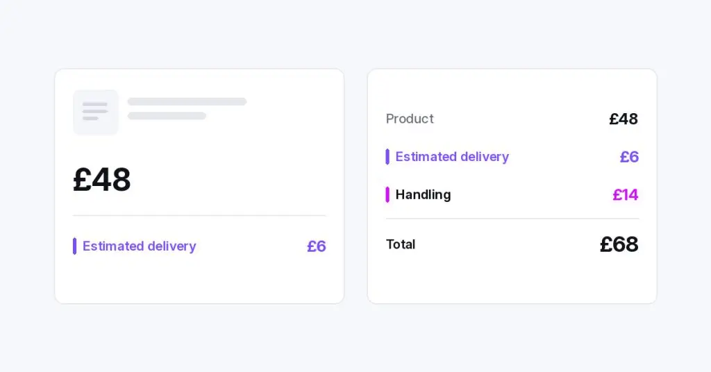A product card priced at £48 with an estimated delivery row of £6, beside a checkout summary that adds a £14 handling fee and a total of £68. Illustrative prices, no headline.