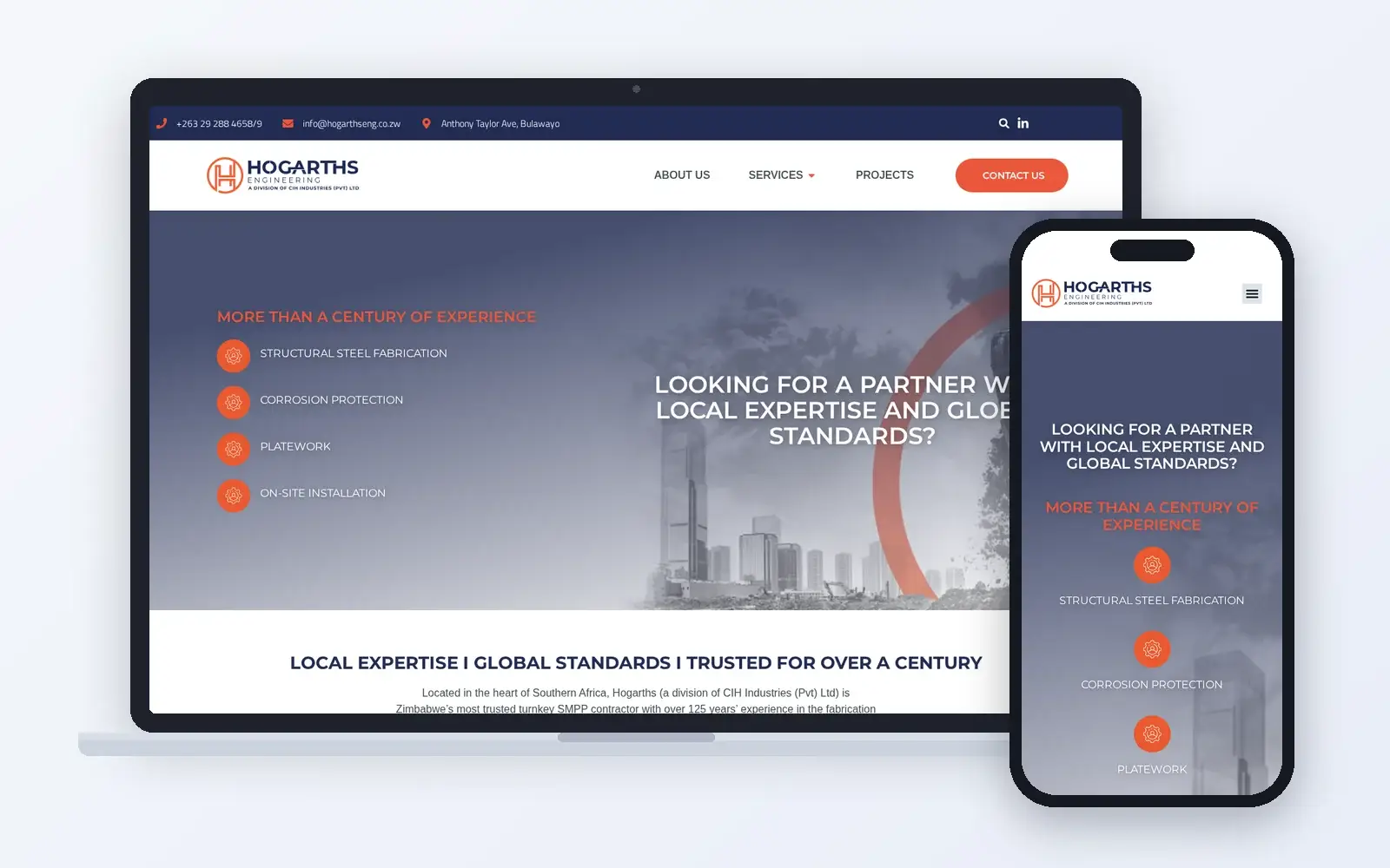 Hogarths Engineering website on laptop and phone