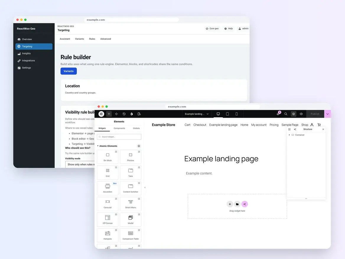 Geo Core rule builder and the Elementor editor on an example store