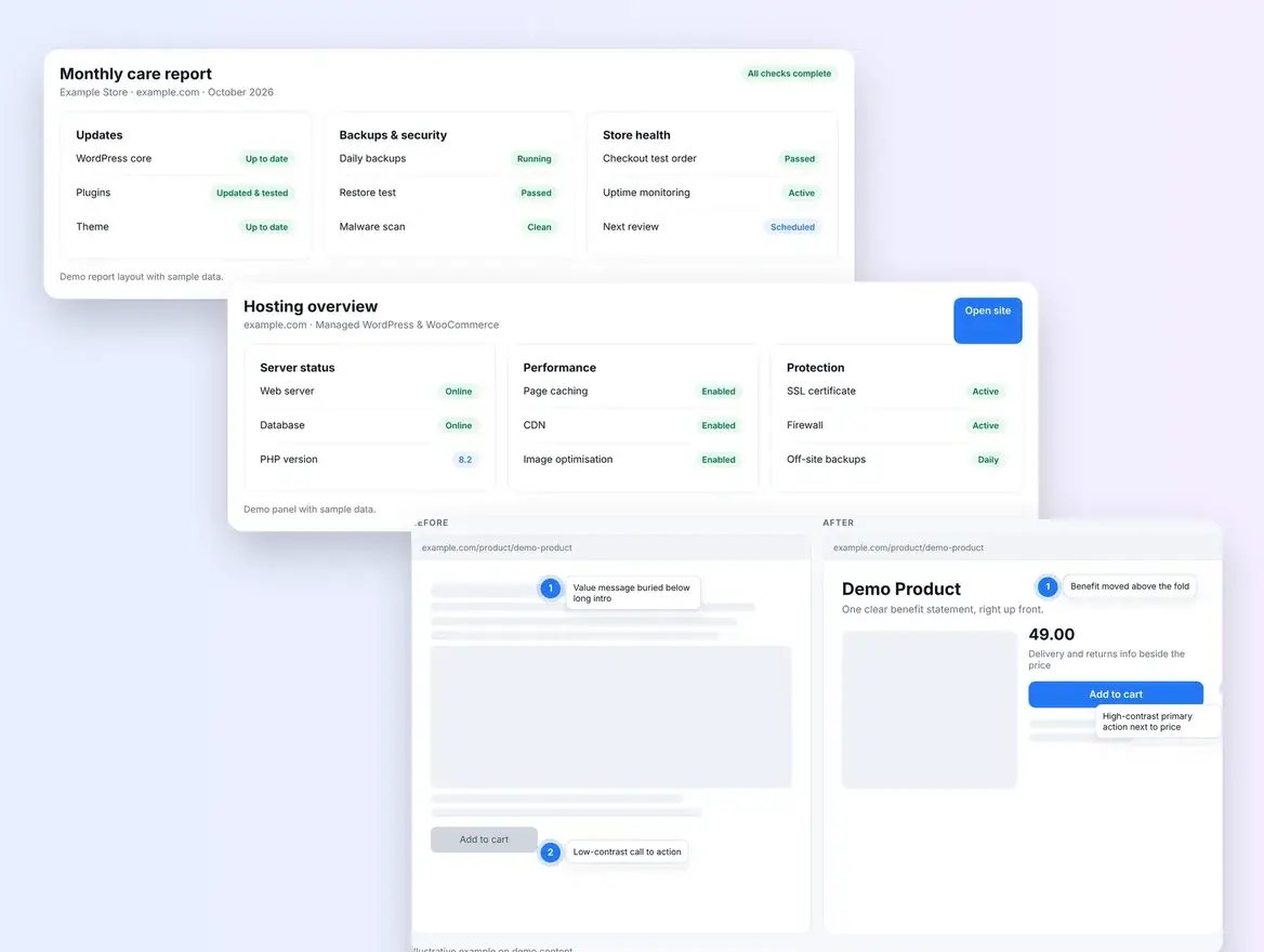 Example monthly care report, hosting overview and conversion review panels