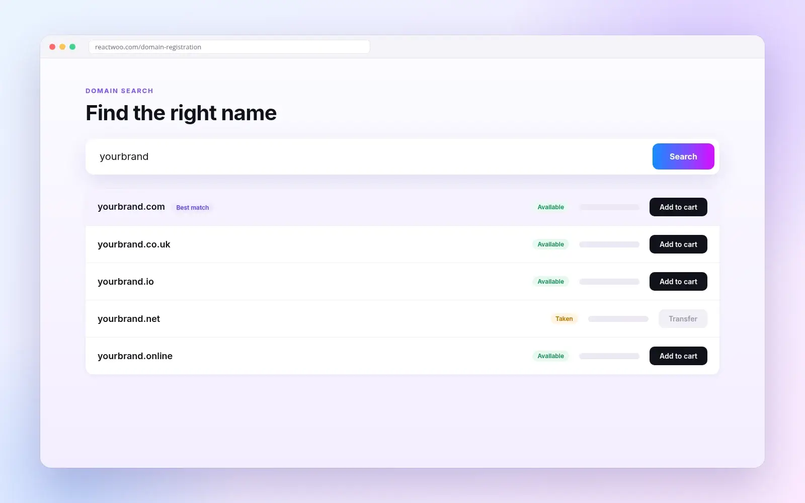 Domain search results showing available names with add-to-cart buttons
